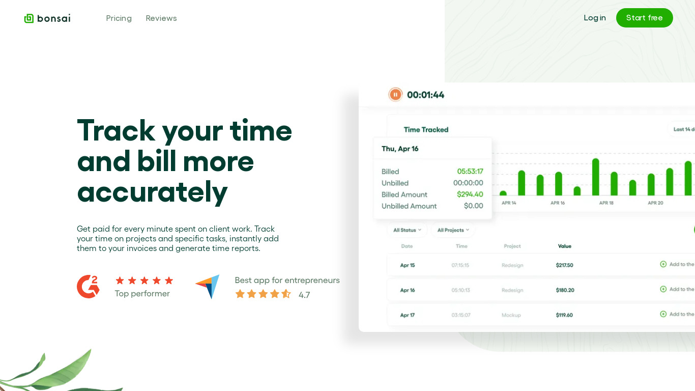 Time Tracking for Freelancers Landing page
