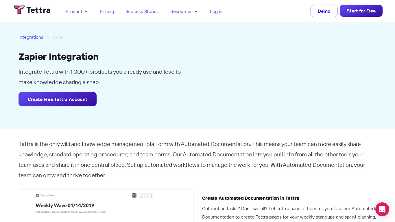Automated Documentation by Tettra Landing page