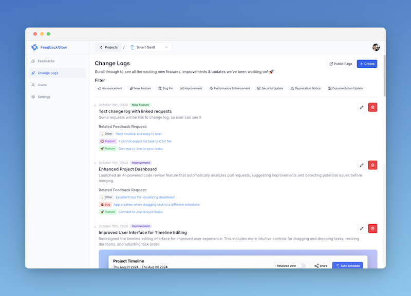 FeedbackGlow Change logs manage