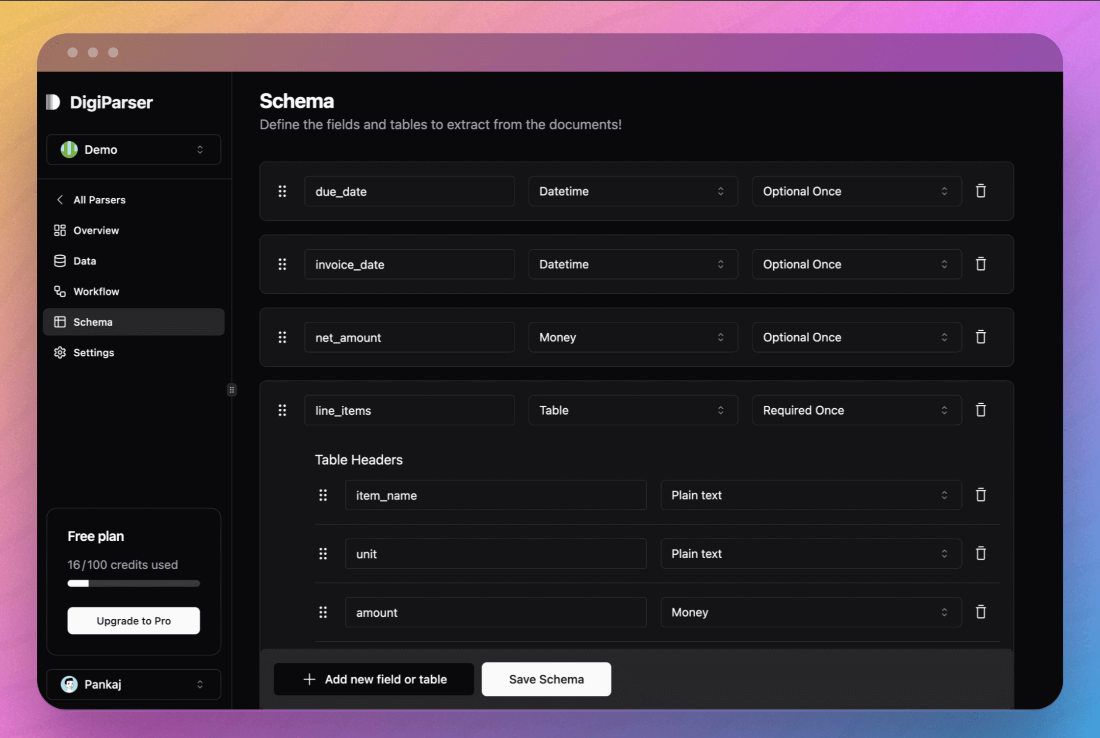 DigiParser Schema page