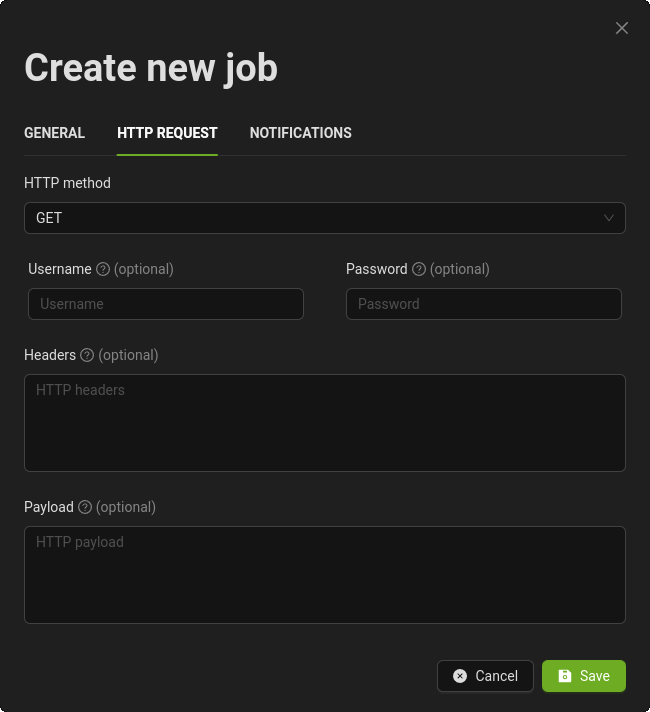 Cronbe New Cron Job Modal - HTTP Request Tab