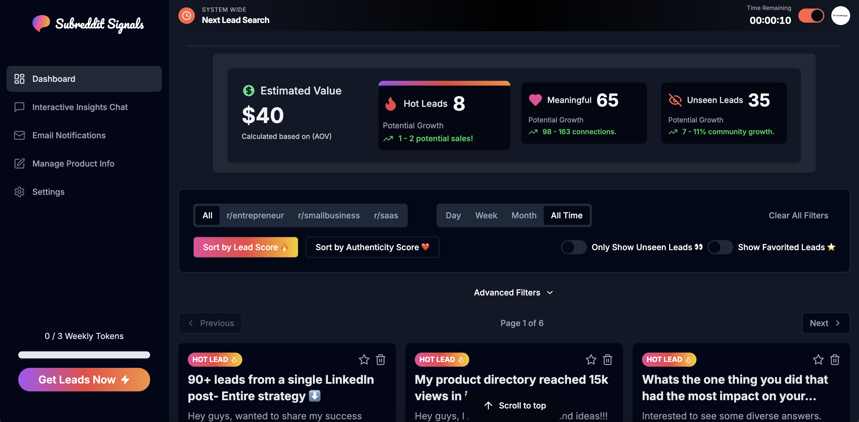 Subreddit Signals Dark Mode Dashboard