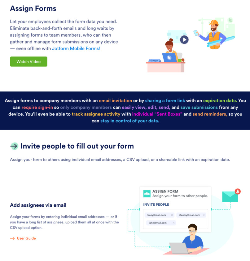 JotForm Assign Forms Landing Page