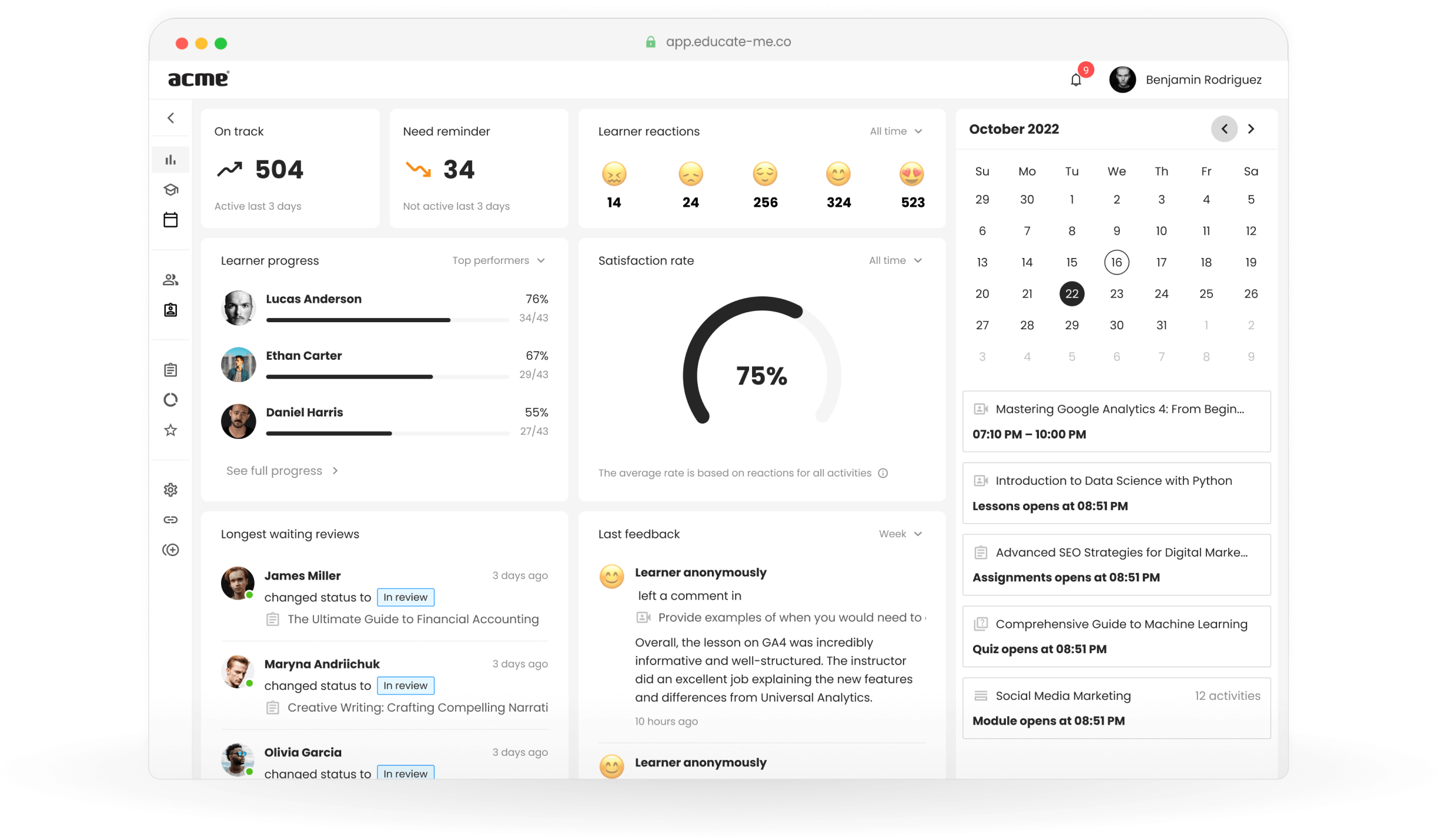EducateMe Dashboard view of admins