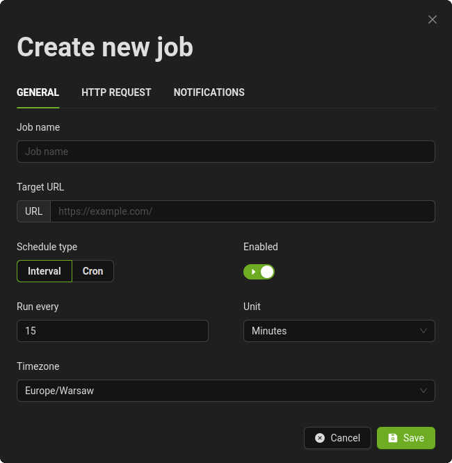 Cronbe New Cron Job Modal - General Tab