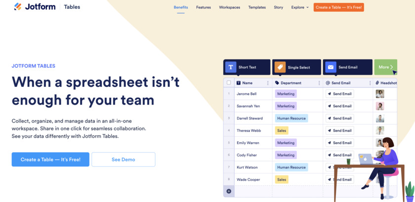 Jotform Tables Landing Page