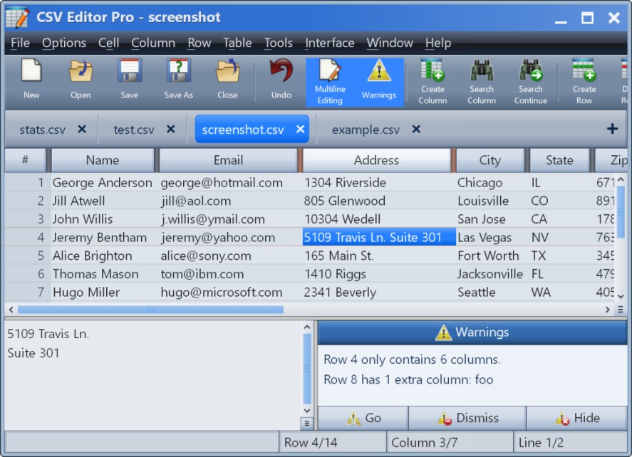 CSV Editor Pro With multiline editor and warnings