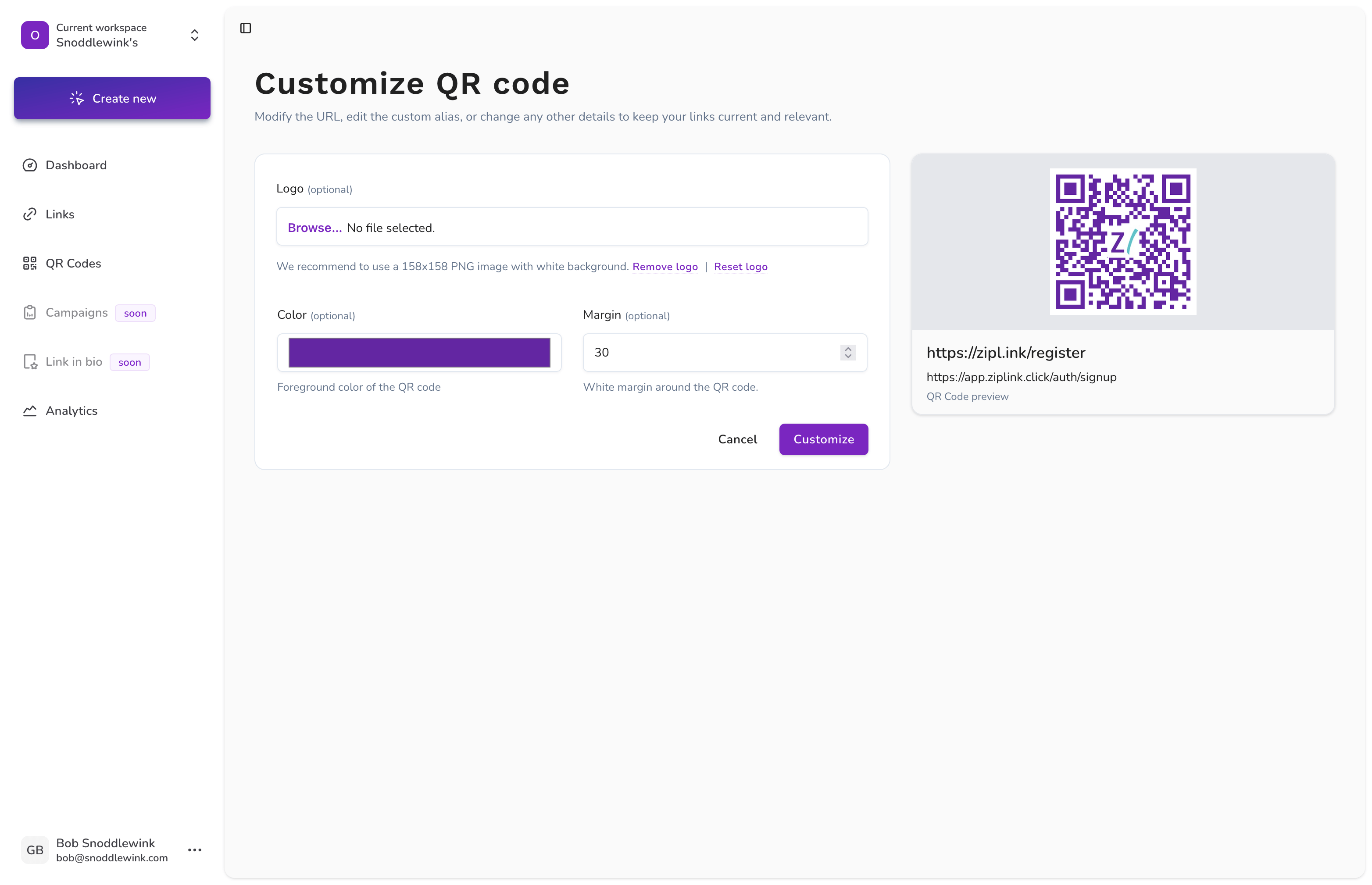 Ziplink.click QR customization
