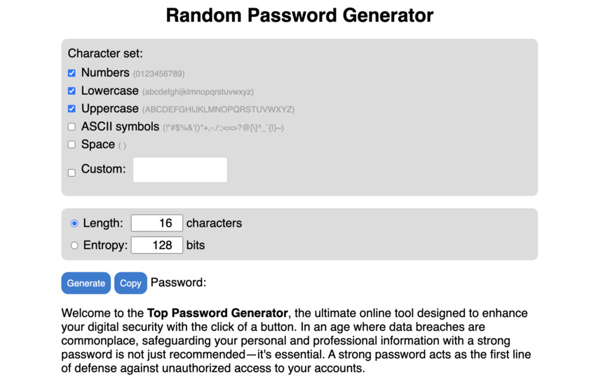 Password Generator Top Landing Page