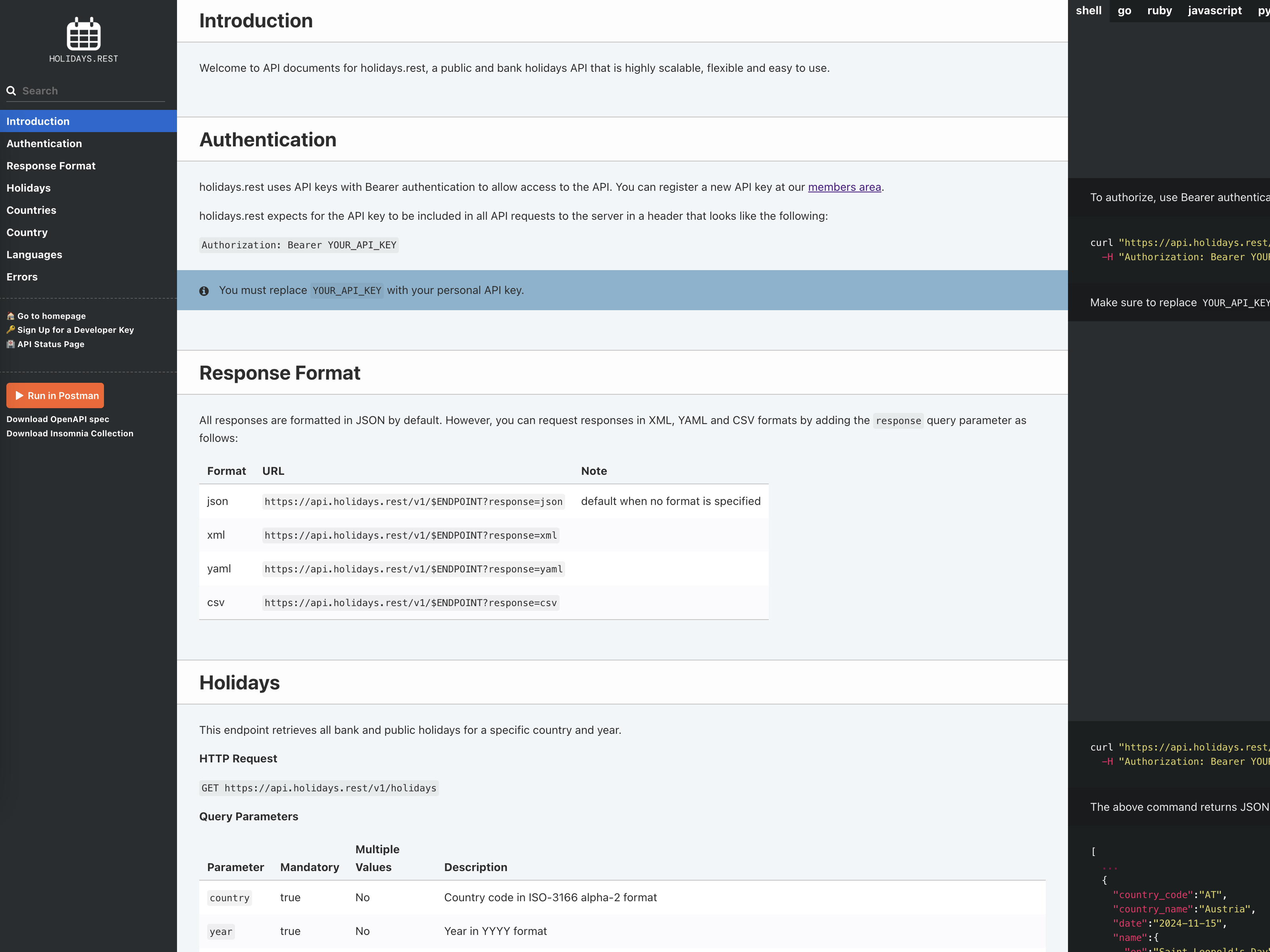 holidays.rest API Documents