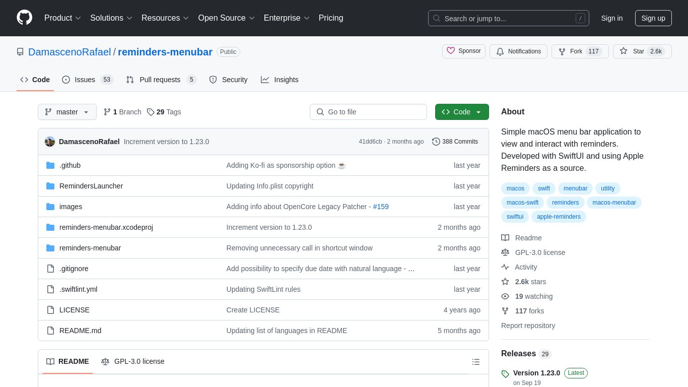 Reminders Menu Bar Landing page
