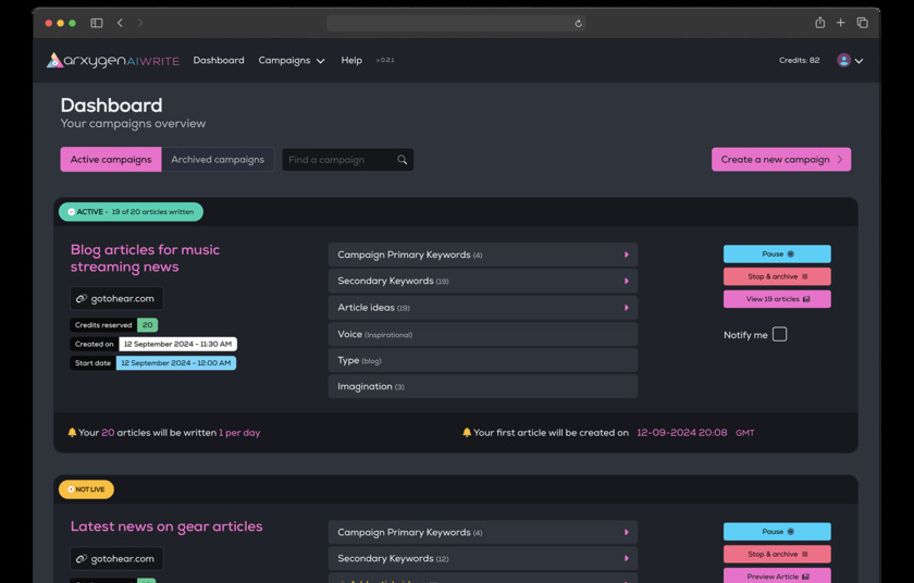 Arxygen AIWrite Dashboard