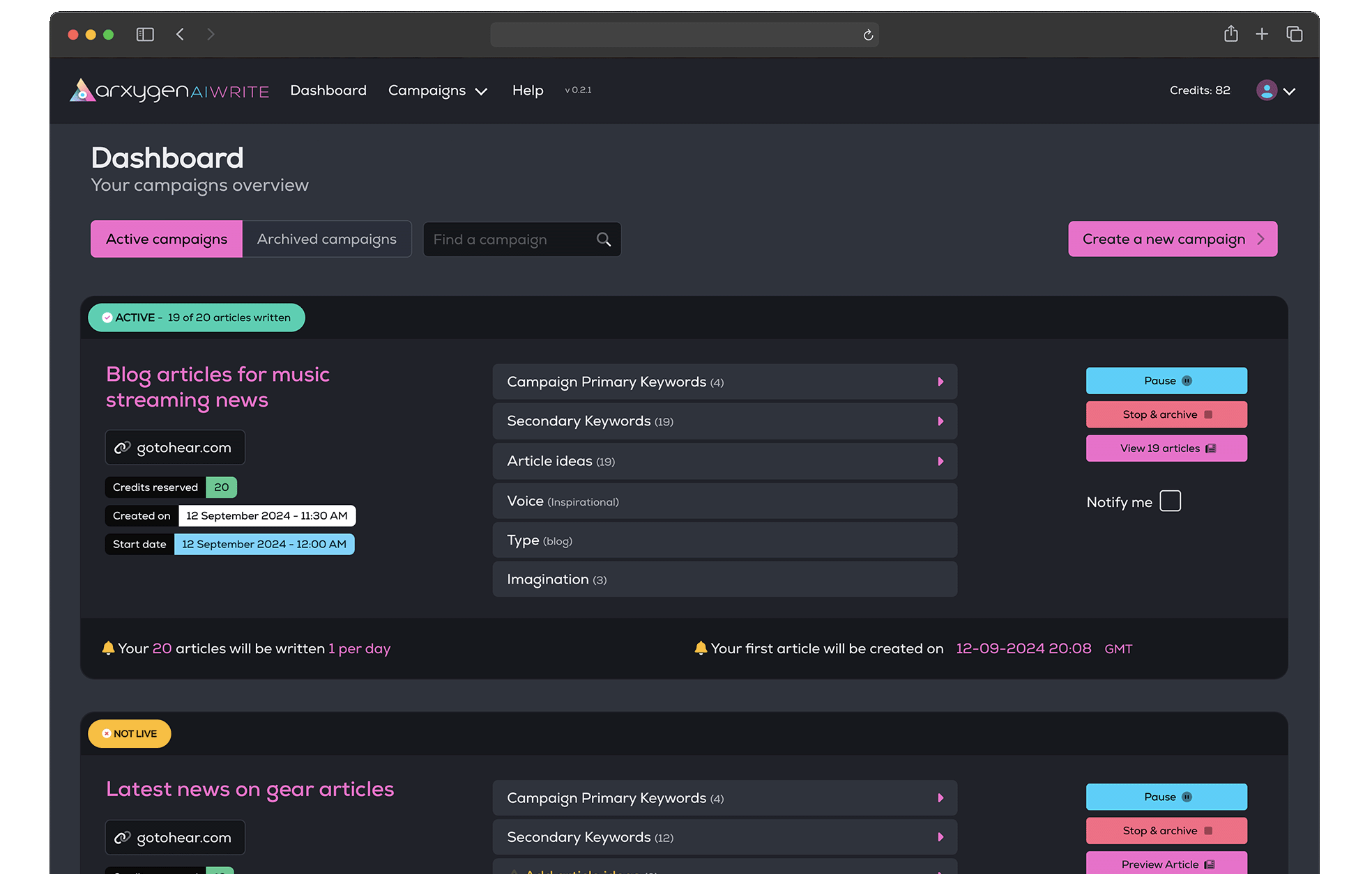 Arxygen AIWrite Dashboard