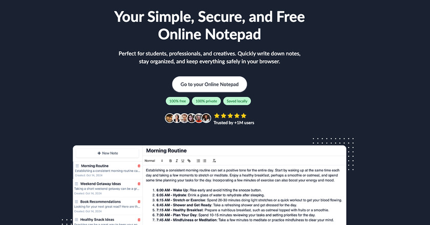 UseOnlineNotepad Landing Page