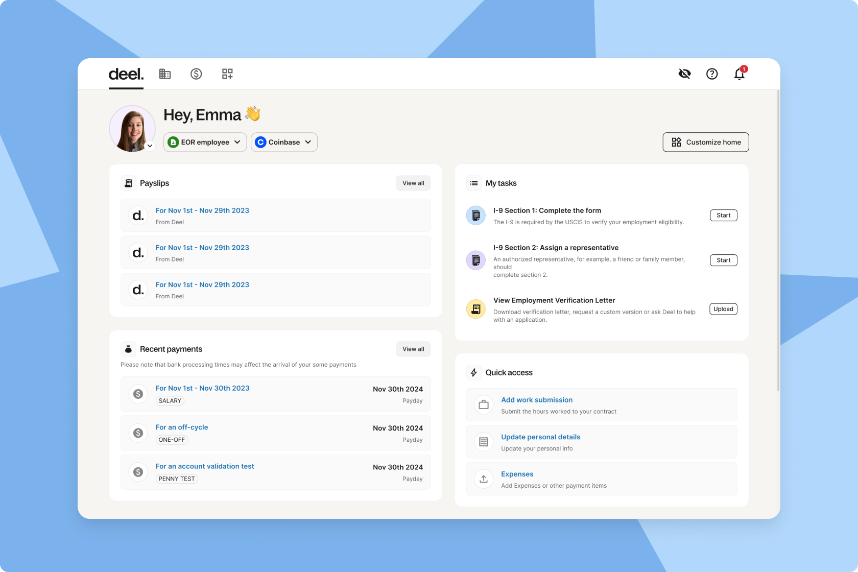 Deel Deel EOR employee dashboard