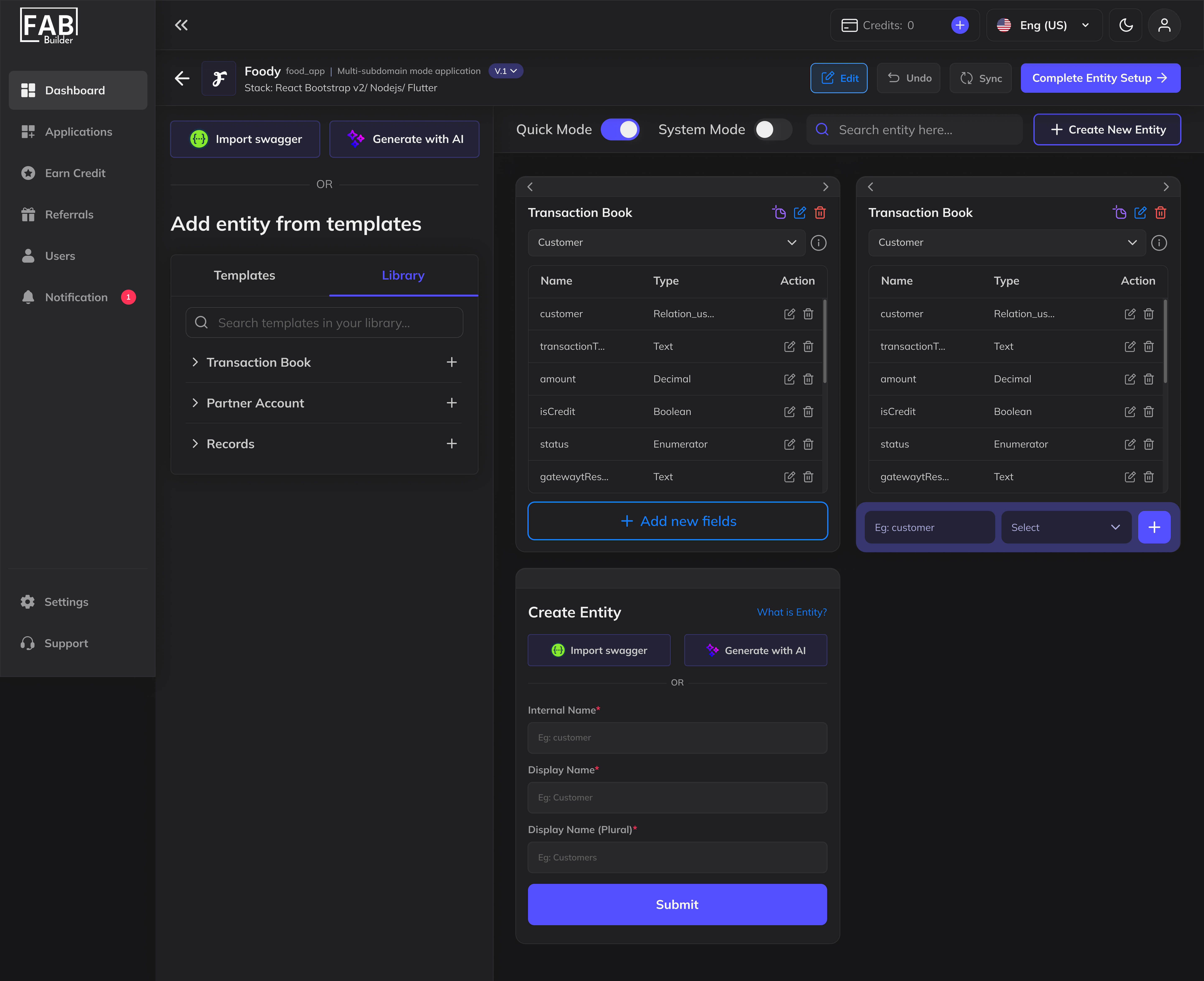 FAB Builder Create Entity Screen 