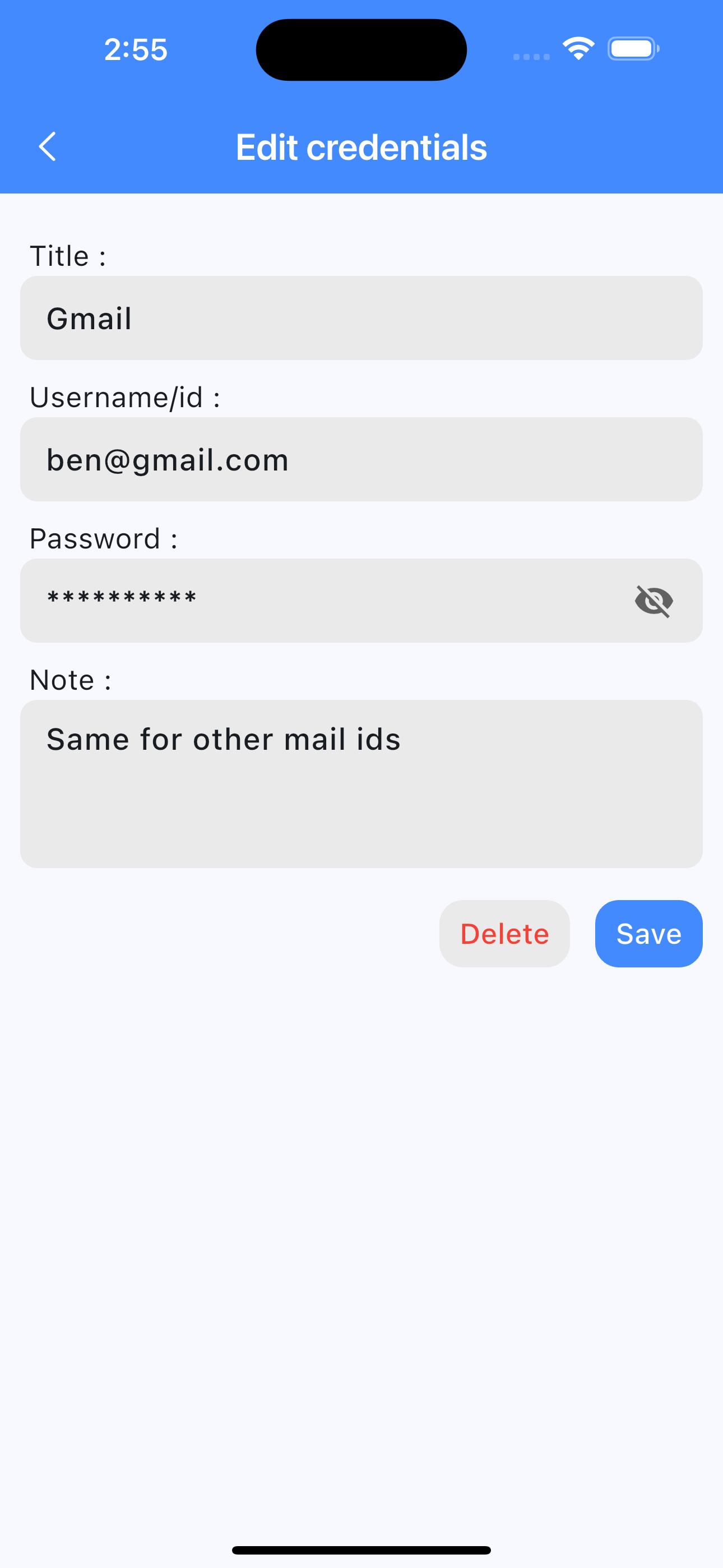 KeepMyKeys View Credentials Screen