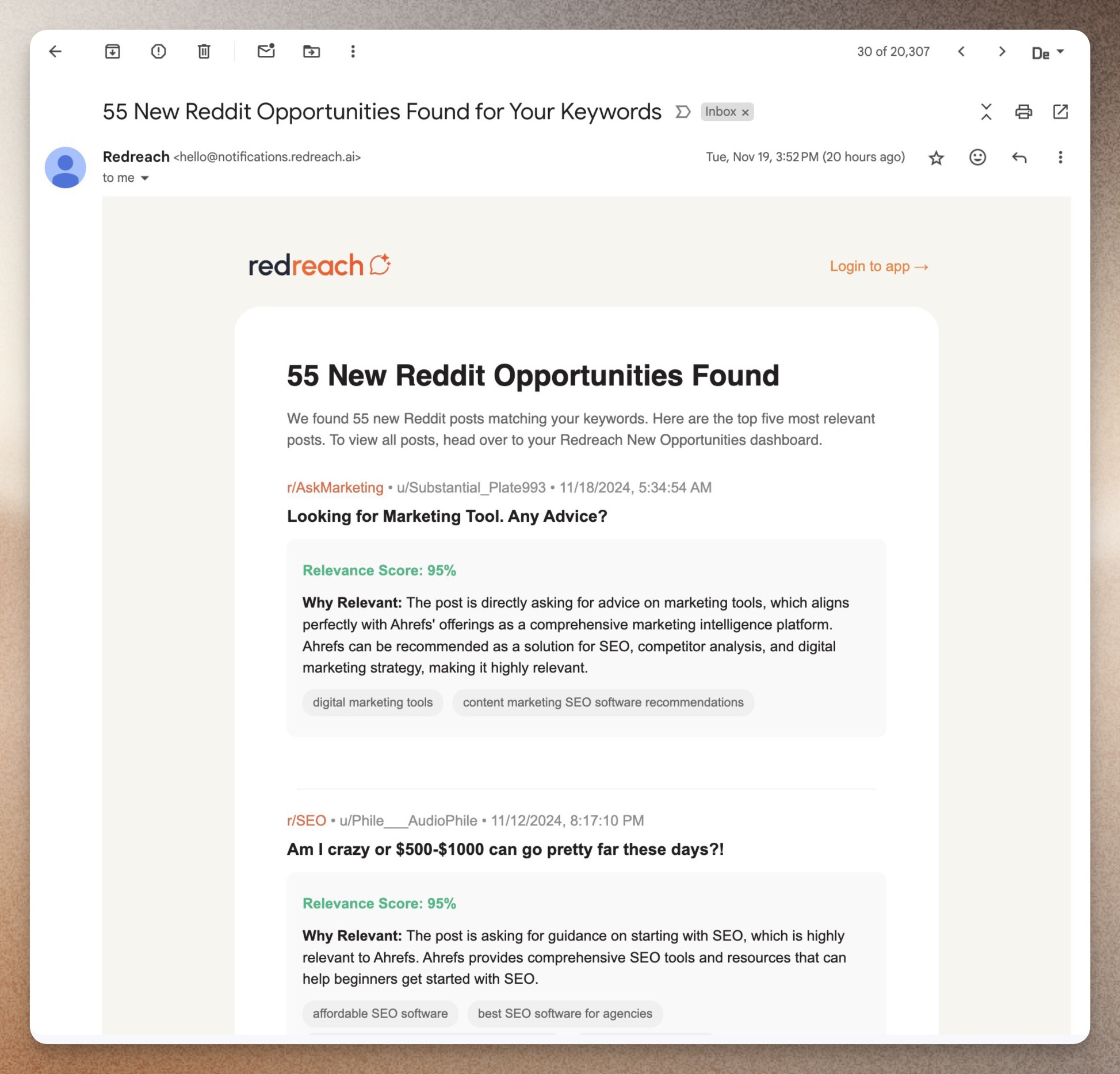 Redreach.ai Email Alerts from AI filtered Reddit Keyword Tracking