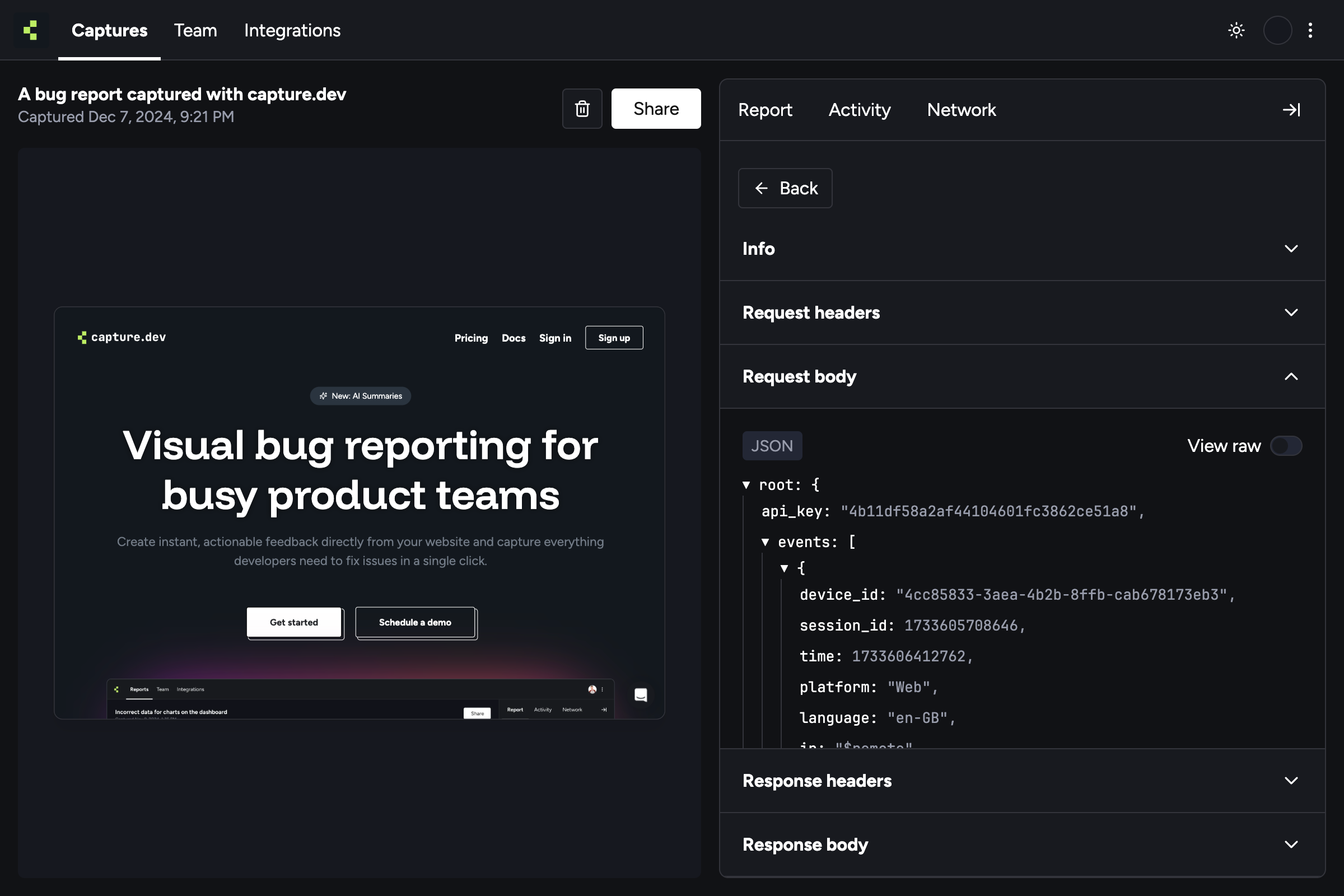 Capture.dev Inspecting network requests of a bug report