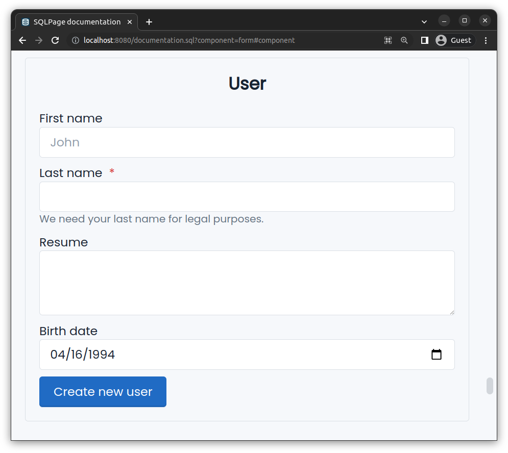 SQLPage - Build SQL-only websites A form built in SQLPage