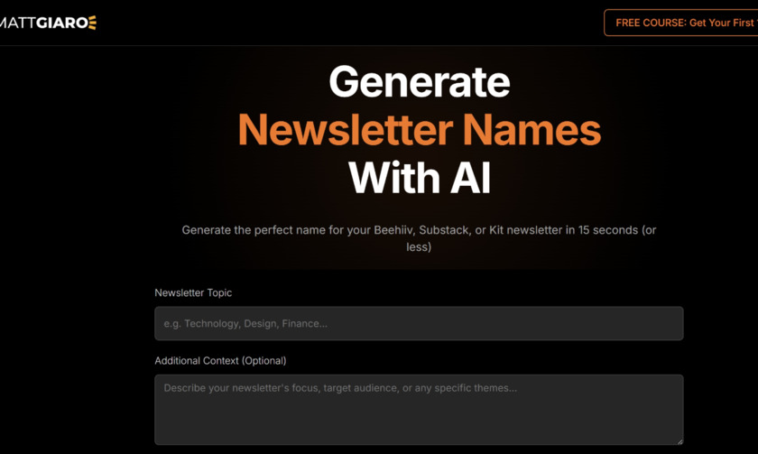 Matt Giaro AI Newsletter Name Generator Landing Page