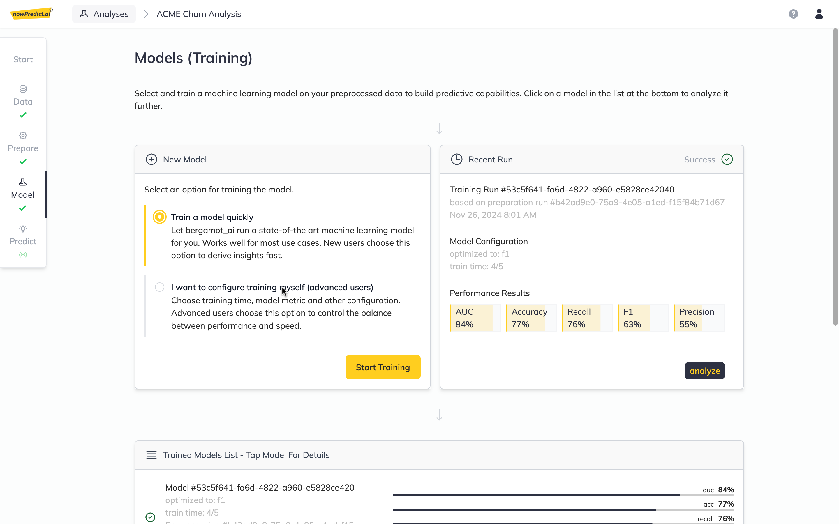 nowPredict.ai Train a Machine Learning model