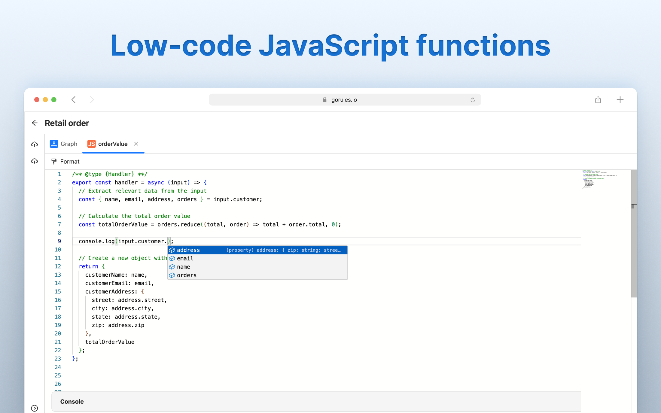 GoRules.io Low-code JavaScript functions