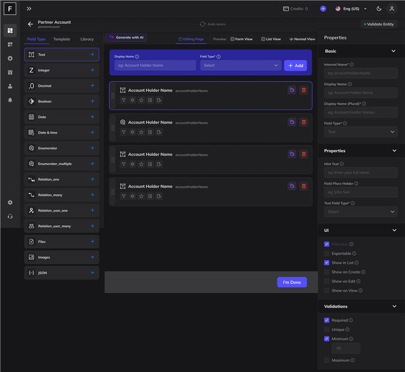 FAB Builder Add Entity Screen