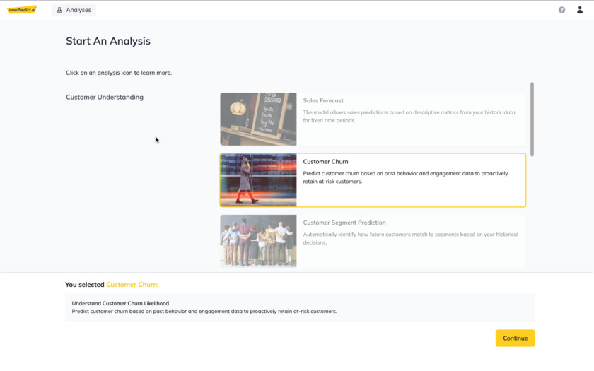 nowPredict.ai Select a Use Case off the list, or build your own.