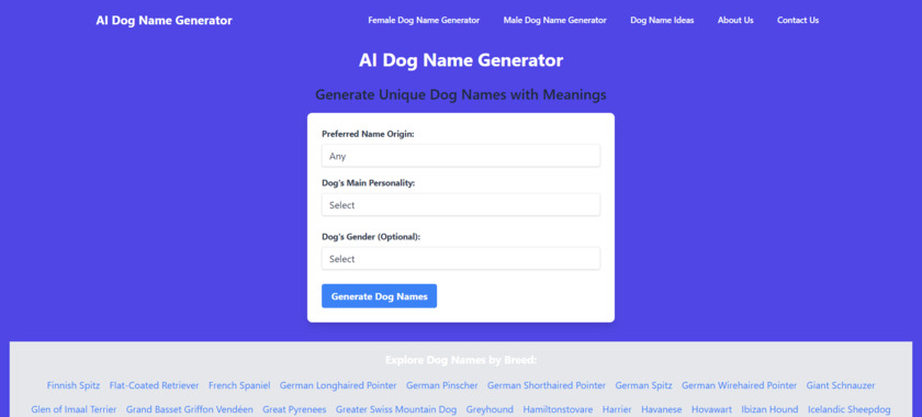 AI Dog Name Generator Landing Page