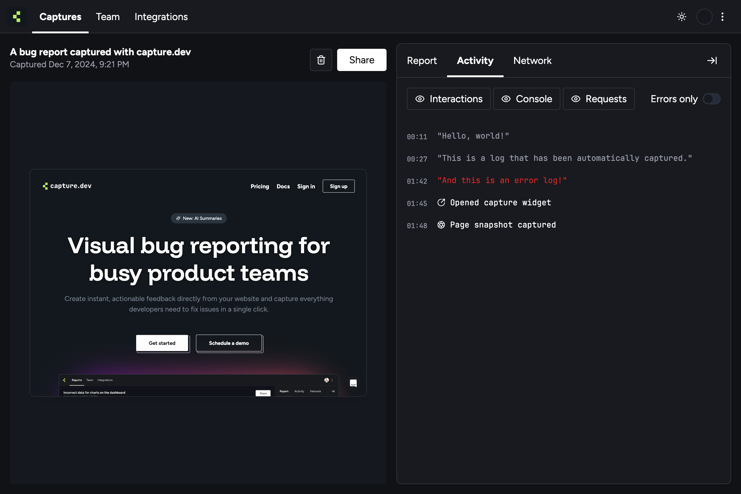 Capture.dev Viewing console logs of a bug report
