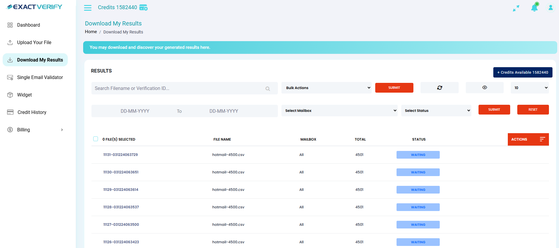 ExactVerify ExactVerify Email Verification Service Dashboard Clean Email Listing Download