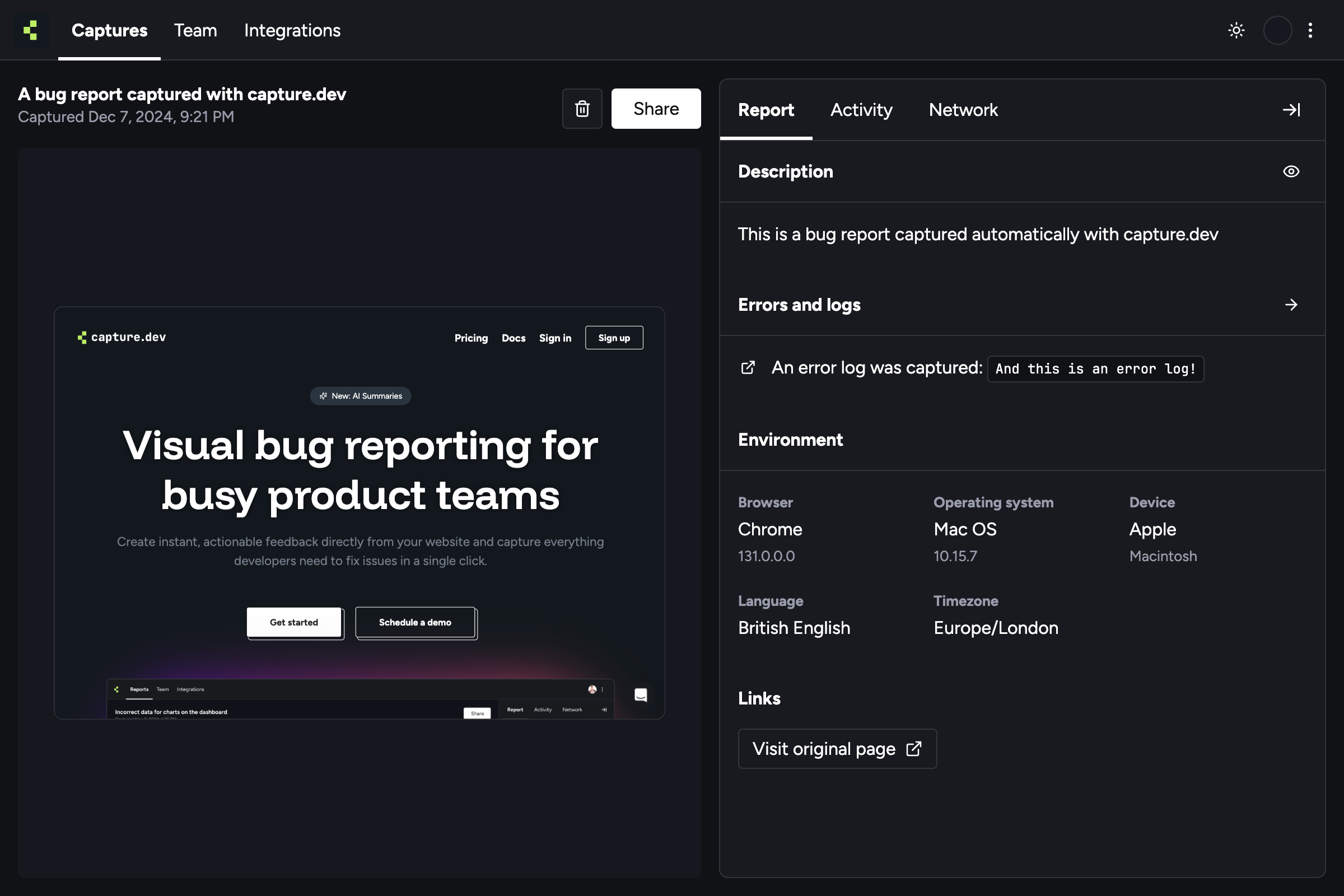 Capture.dev A bug report created with capture.dev