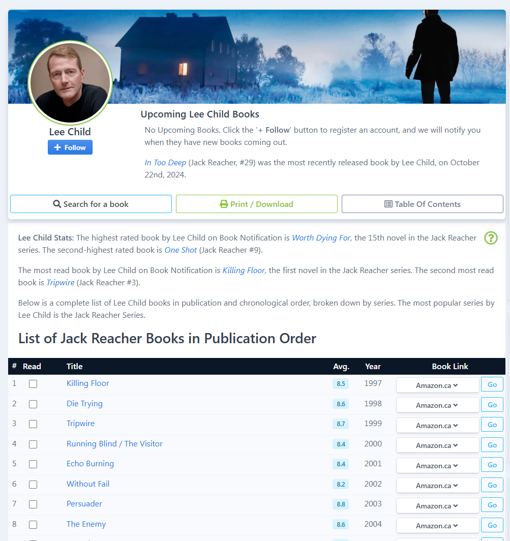 Book Notification Jack Reacher Books in Publication Order
