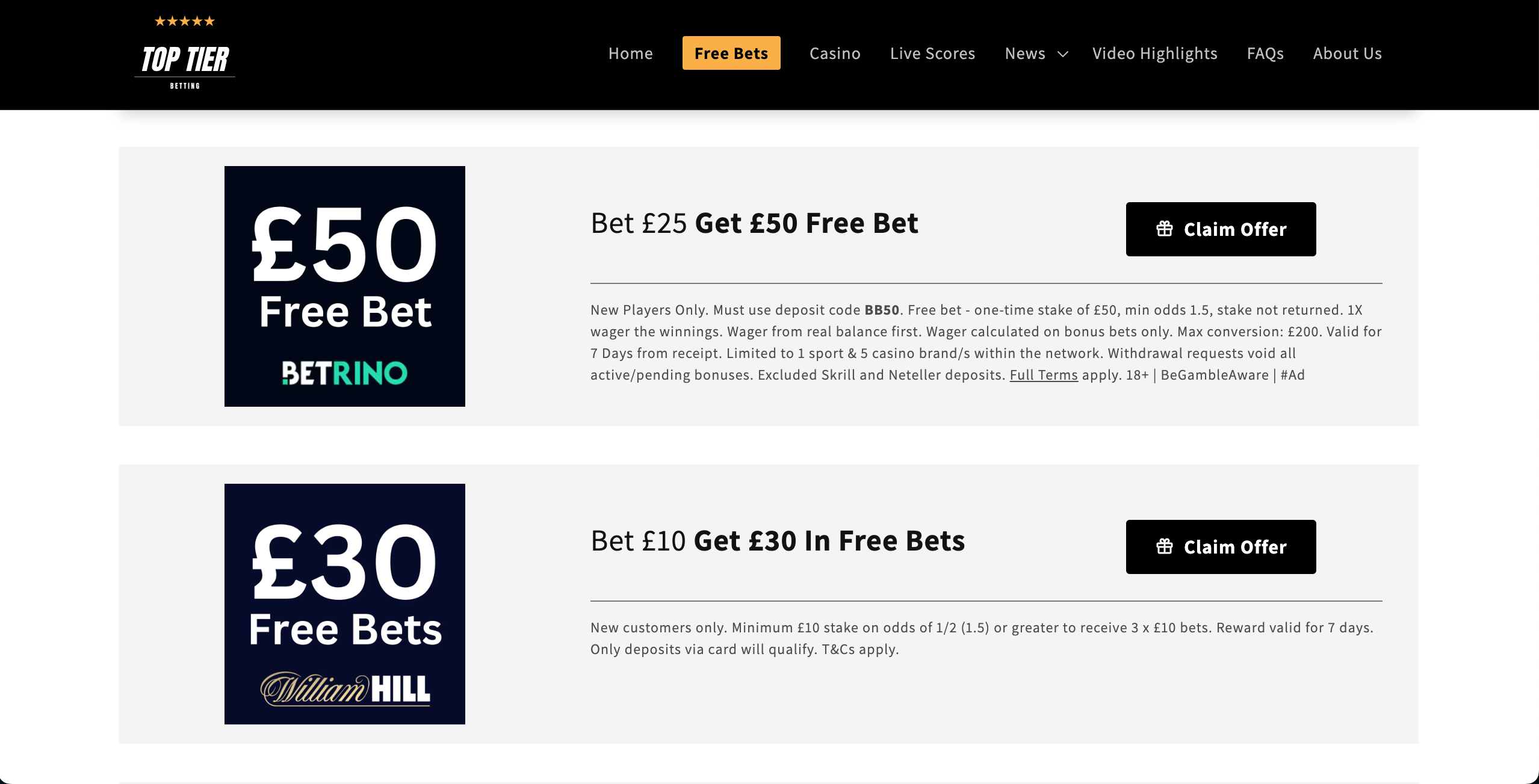 Top Tier Betting Free Bet Offers