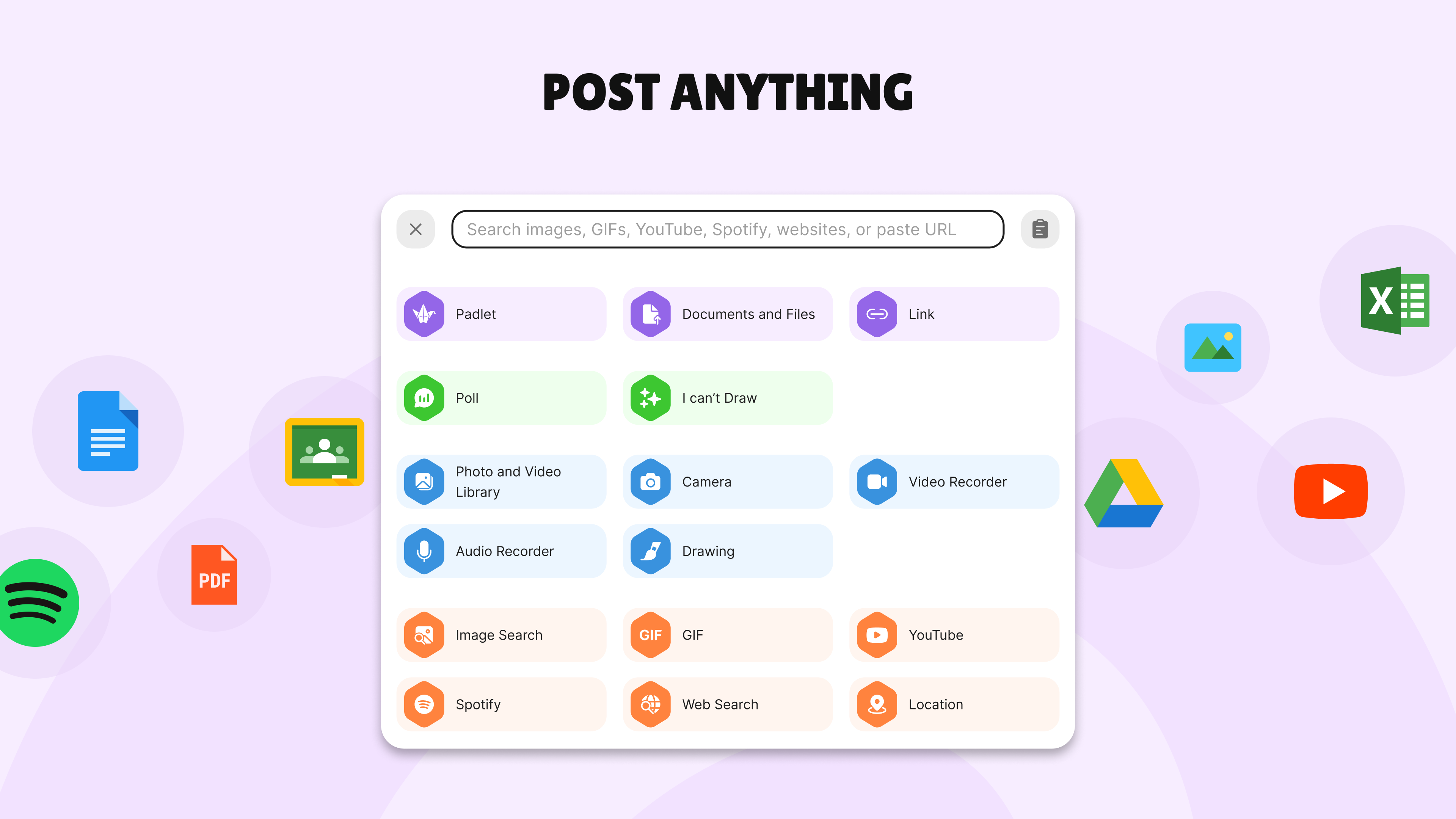 Padlet Post images, audio, and video. Add any kind of file. Link YouTube videos, tweets, or any web page. Draw. Sing. Dance.