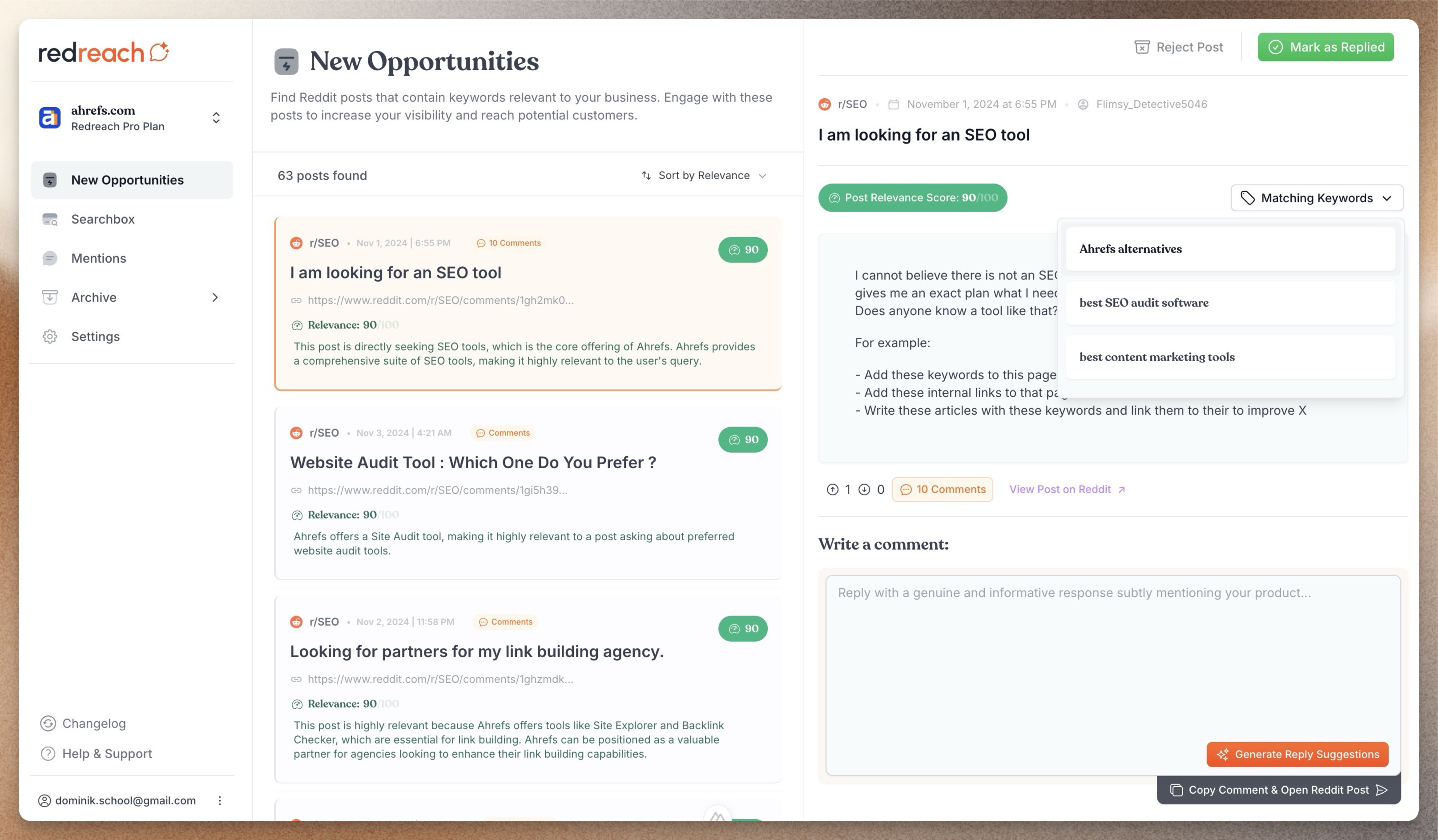 Redreach.ai Dashboard of Redreach: New Opportunities via AI powered Reddit keyword tracking