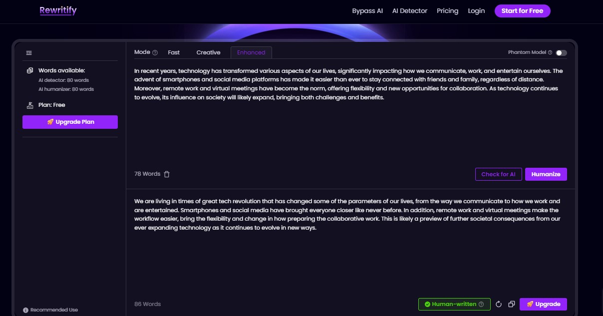Rewritify AI Rewritify free Humanization output