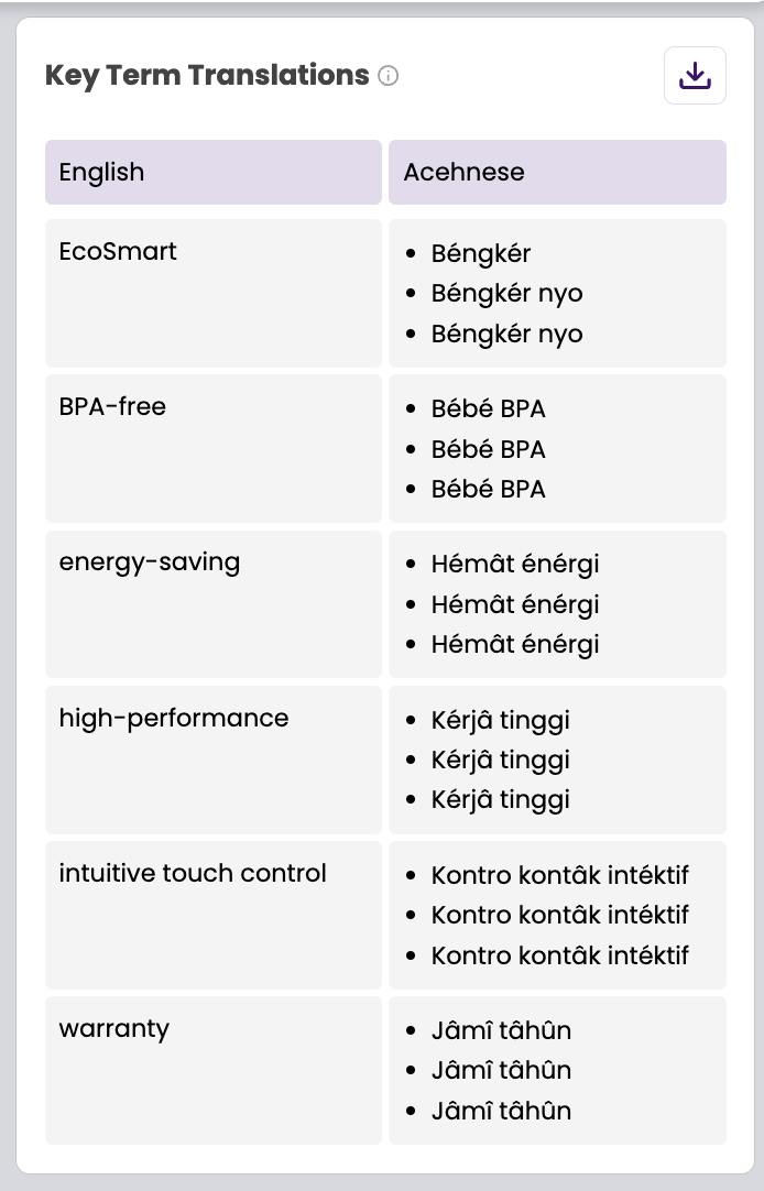 AITranslator.com Key Term Translations Feature