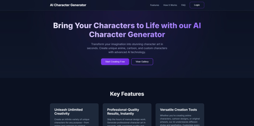 AI Character Generator Landing Page