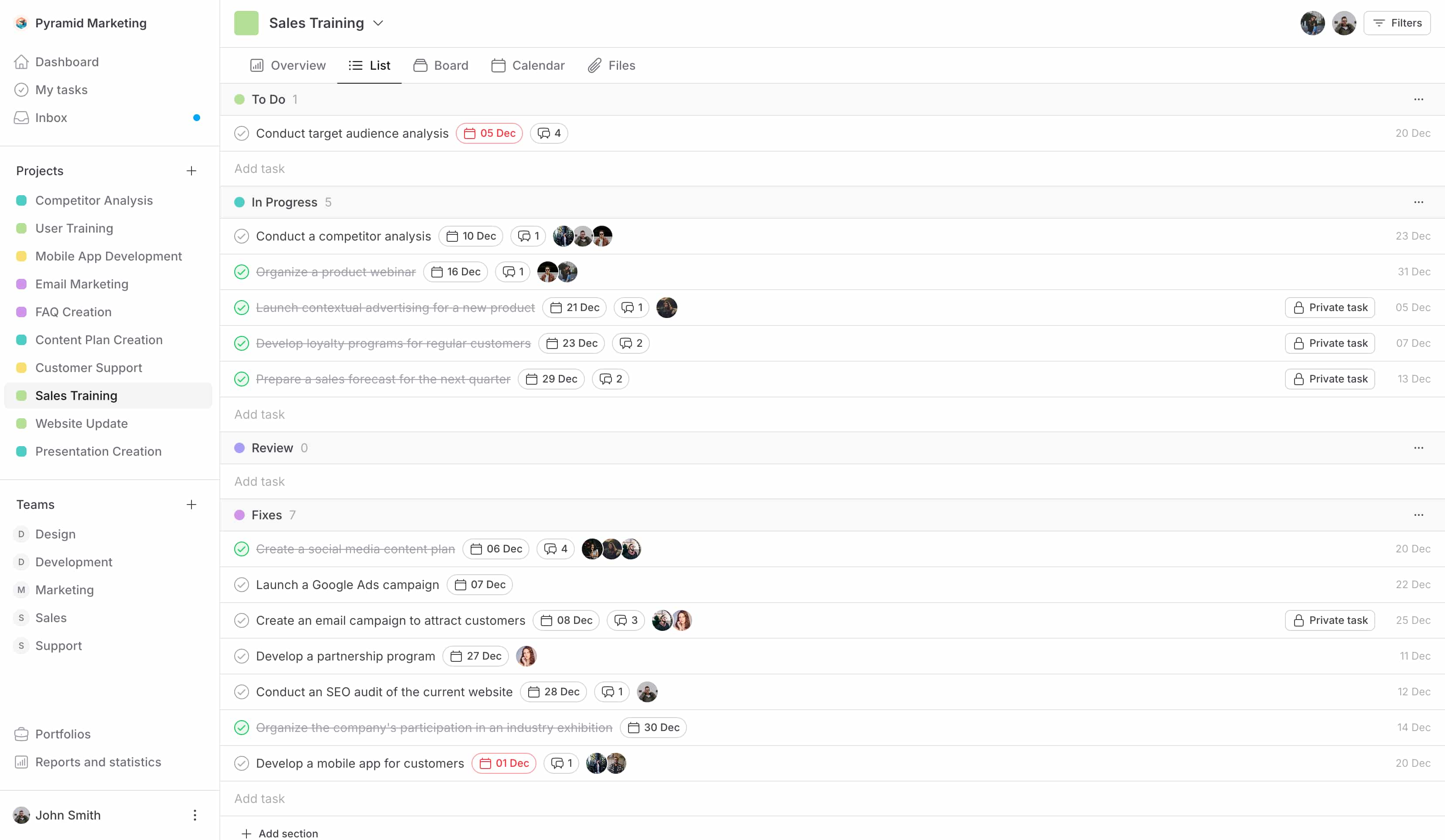Taskera.io List of Tasks