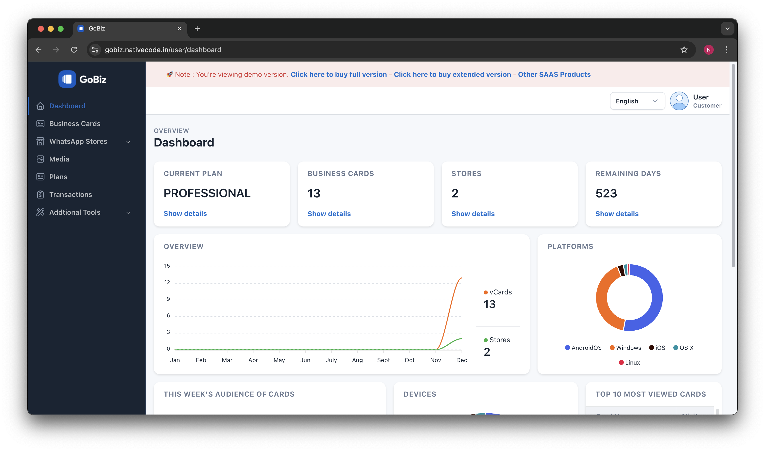 NativeCode GoBiz User Dashboard