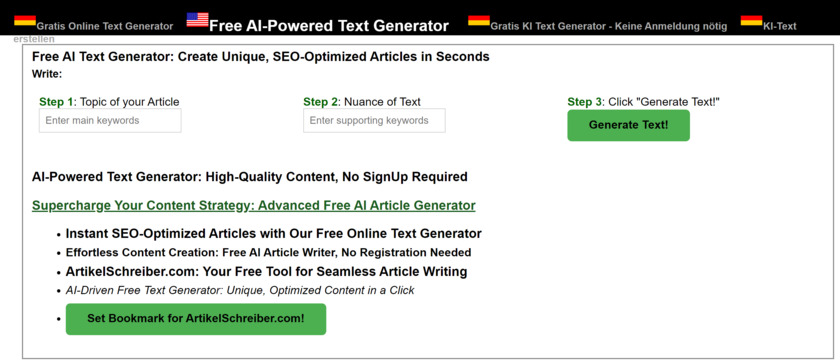 ArtikelSchreiber Screenshot of Startpage of ArtikelSchreiber.com - Free AI Text Generator