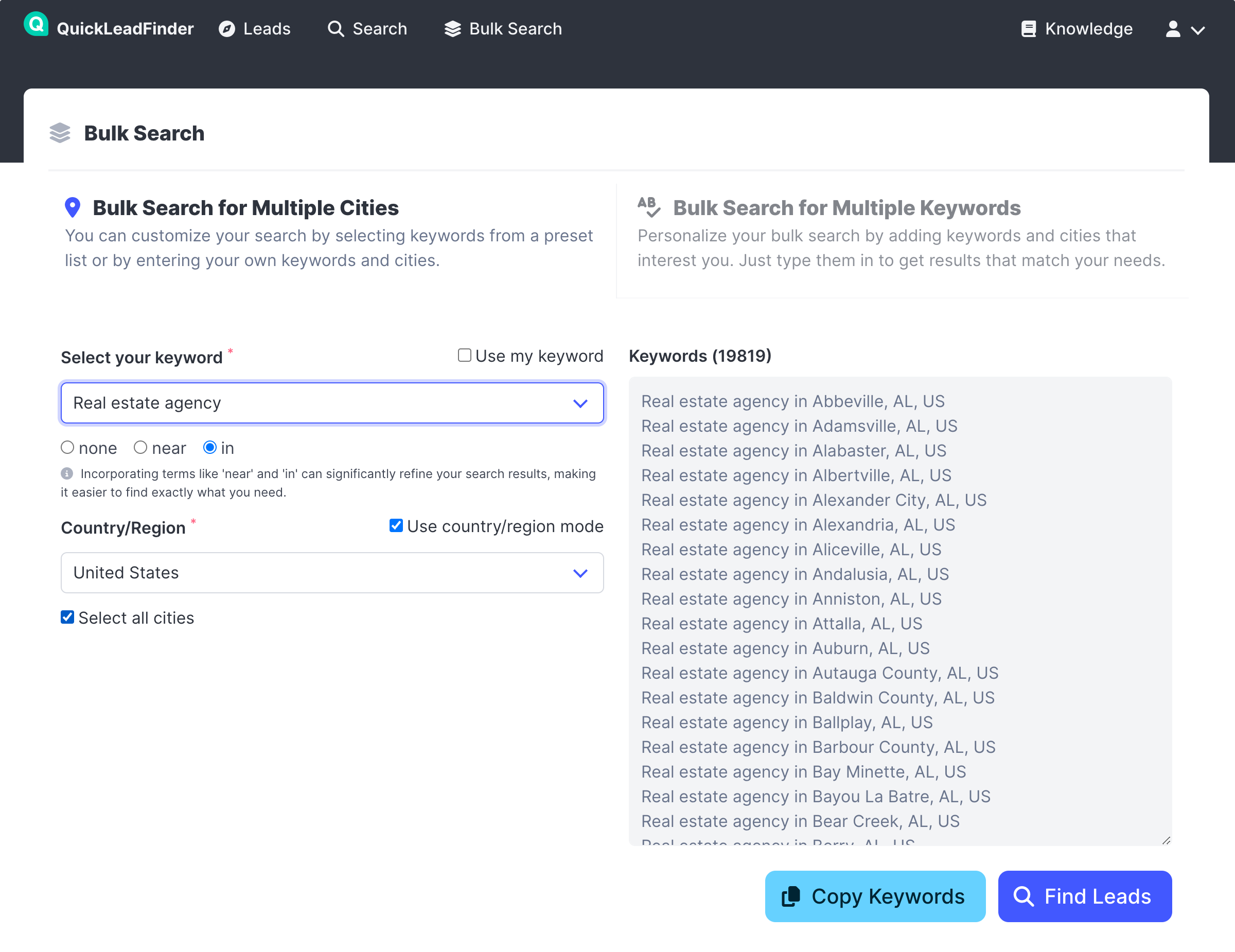 QuickLeadFinder bulk search