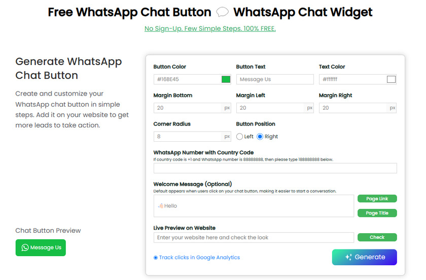 WAPlus.io Chat Button Generator Landing Page