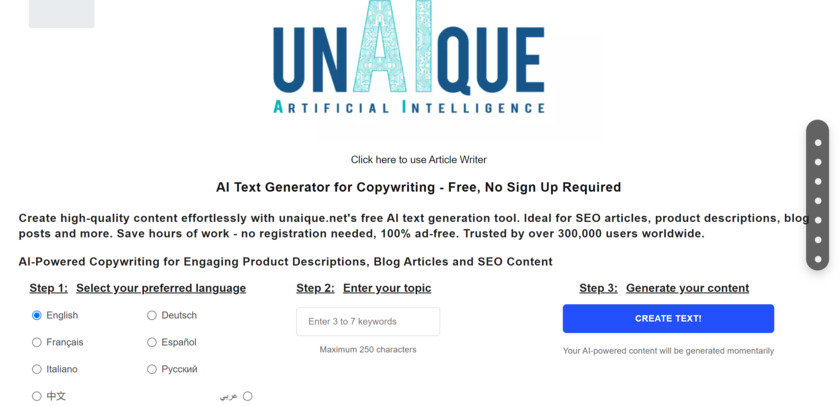 UnAIque.net Free AI Copywriting Tool UNAIQUE.NET