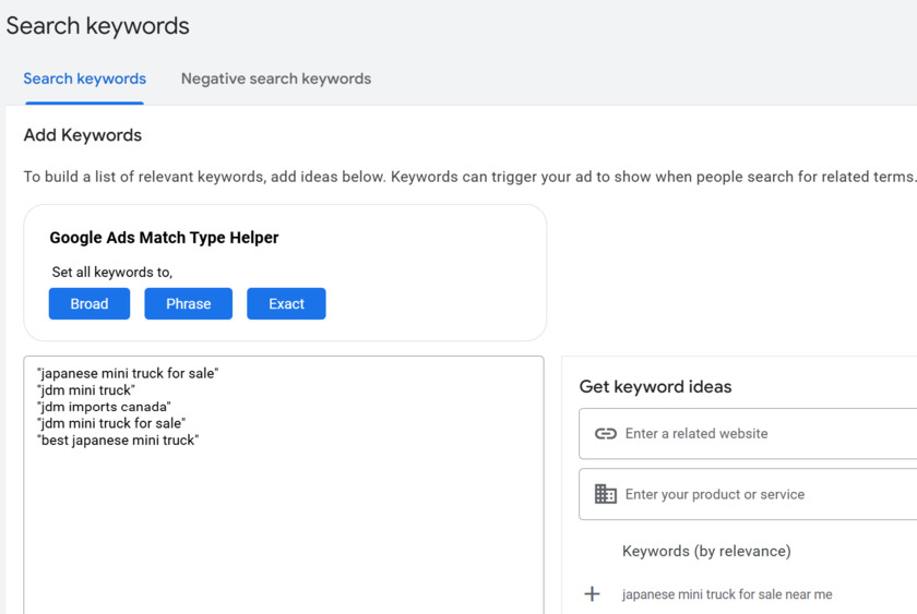 Google Ads Keyword Match Type Helper Google Ads add keywords screen