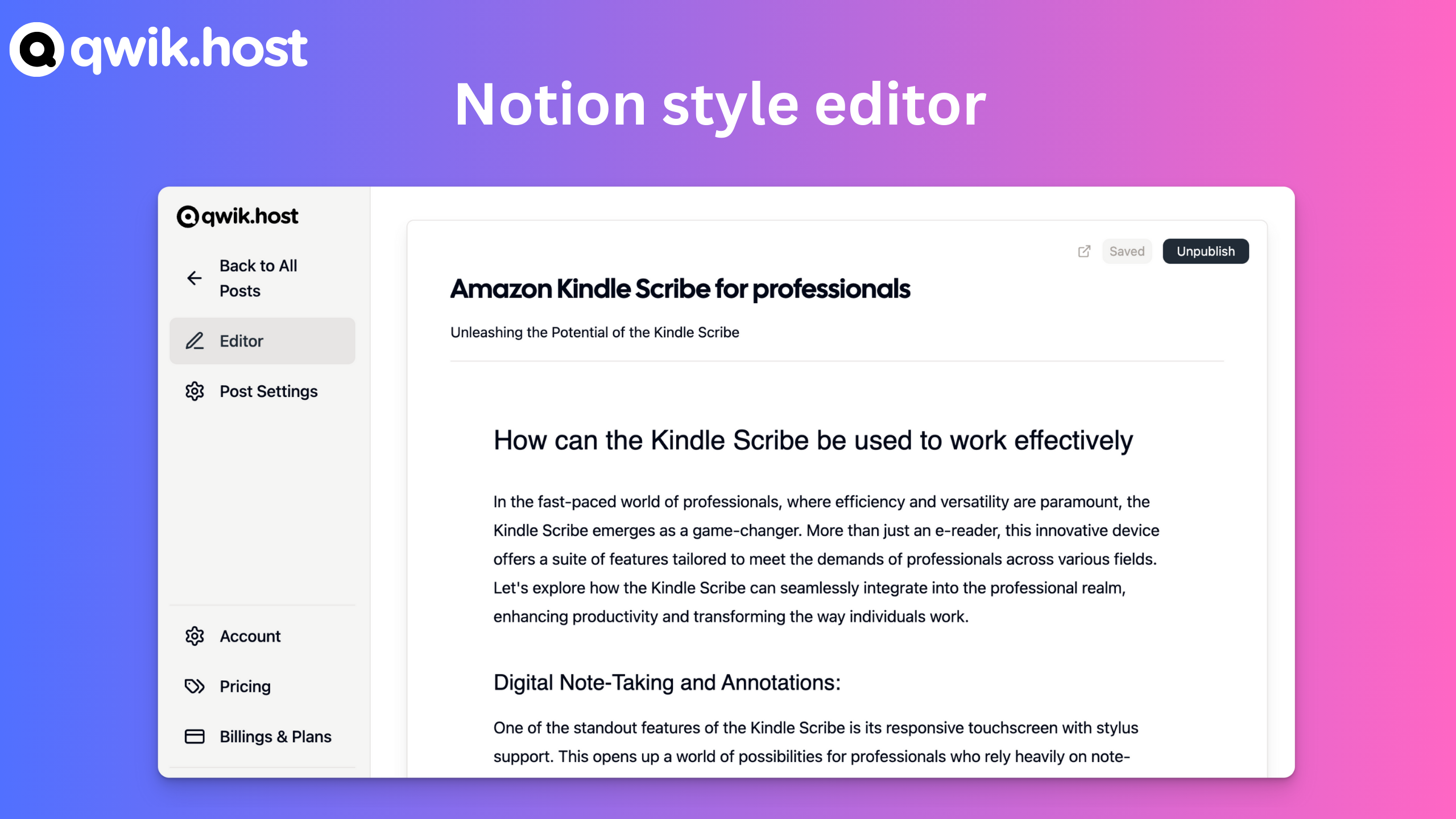 qwik.host notion style editor