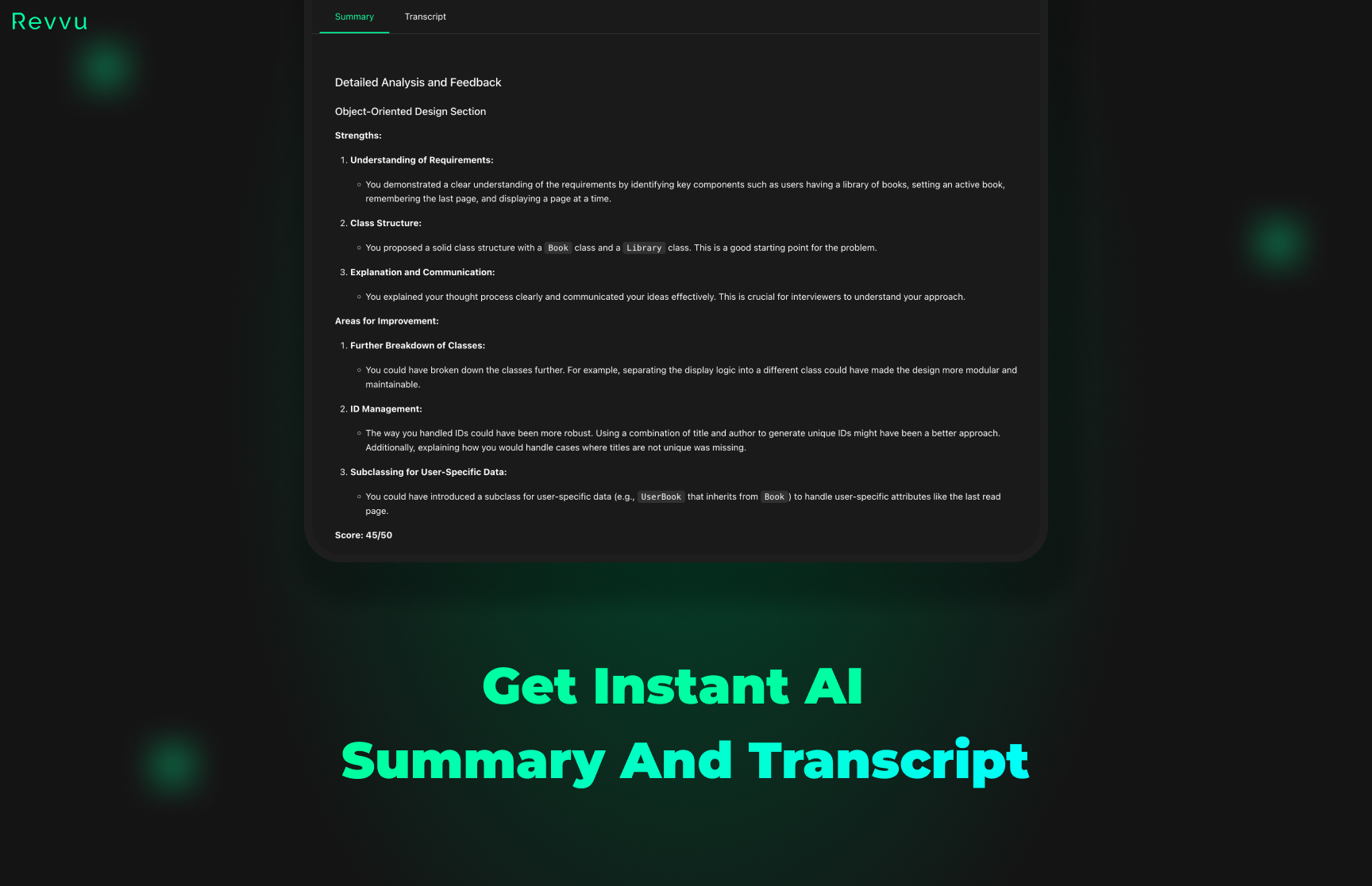 Revvu.org Instant AI summary and transcript