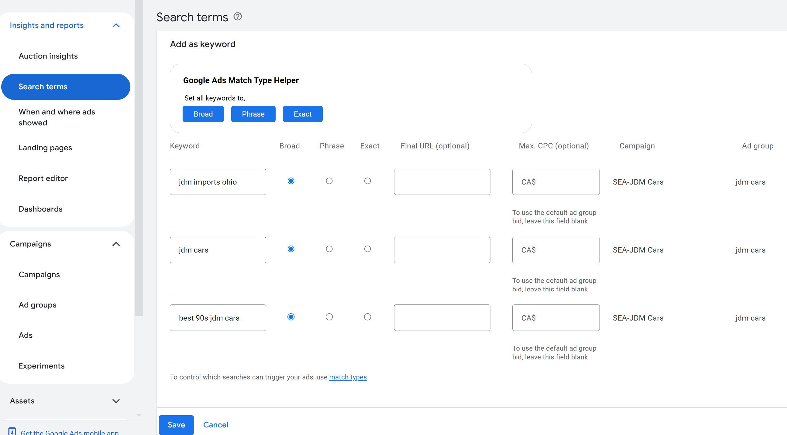 Google Ads Keyword Match Type Helper Google Ads add matched terms screen